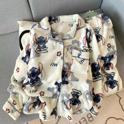 2Pcs Couple Plush Pajamas Suit Cute Disney Stitch Anime Man Woman Homewar Long Sleeve Pants Winter Cartoon Thicken Sleepwear