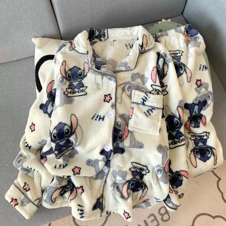 2Pcs Couple Plush Pajamas Suit Cute Disney Stitch Anime Man Woman Homewar Long Sleeve Pants Winter Cartoon Thicken Sleepwear