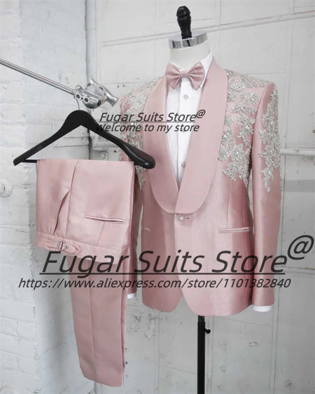 Fashion Pink Party Men Suits Customized  Gorgeous Shiny Rhinestone Groom Wedding Tuxedos 2Pcs Sets Male Prom Blazers Ropa Hombre
