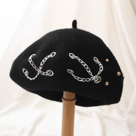 Fashion Winter Berets For Women girl Punk Rock Style Iron Rings Beret Caps Retro Wool Hats Black Woolen Painter Caps