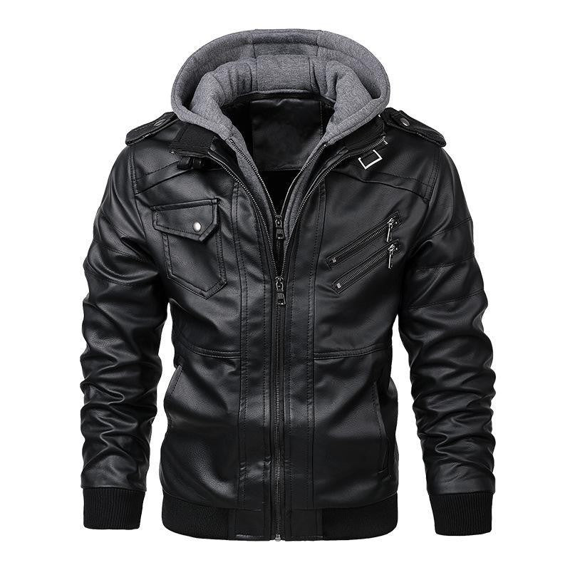 Male PU Hooded Collar Zipper Autumn Casual Slim Windbreaker Chaquetas Motorcycle Leather Jacket Men Winter Fleece Tactics Coat