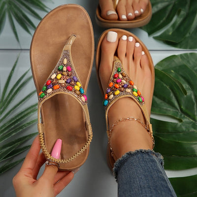 Retro Bohemian Flat Heels Sandals for Women 2024 summer Rhinestone Beads Clip Toe Sandals Woman Lightweight Beach Flip Flops