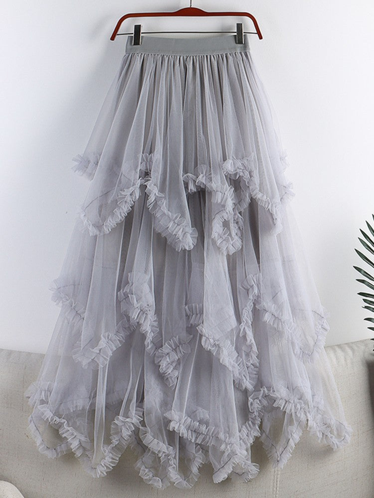 TIGENA Tutu Tulle Long Skirt for Women 2023 New Summer Korean Aesthetic Cute Irregular Mesh High Waist Maxi Skirt Female Purple