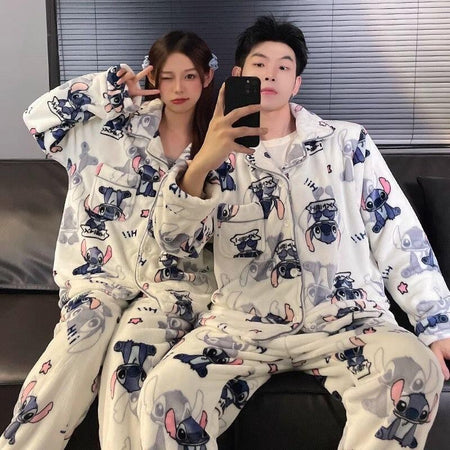 2Pcs Couple Plush Pajamas Suit Cute Disney Stitch Anime Man Woman Homewar Long Sleeve Pants Winter Cartoon Thicken Sleepwear