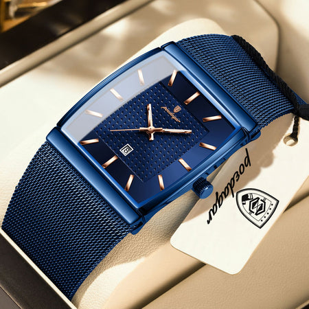 POEDAGAR Top Luxury Men Watch Stainless Steel Mesh Date Waterproof Luminous Man Wristwatch Casual Rectangle Quartz Men's Watches