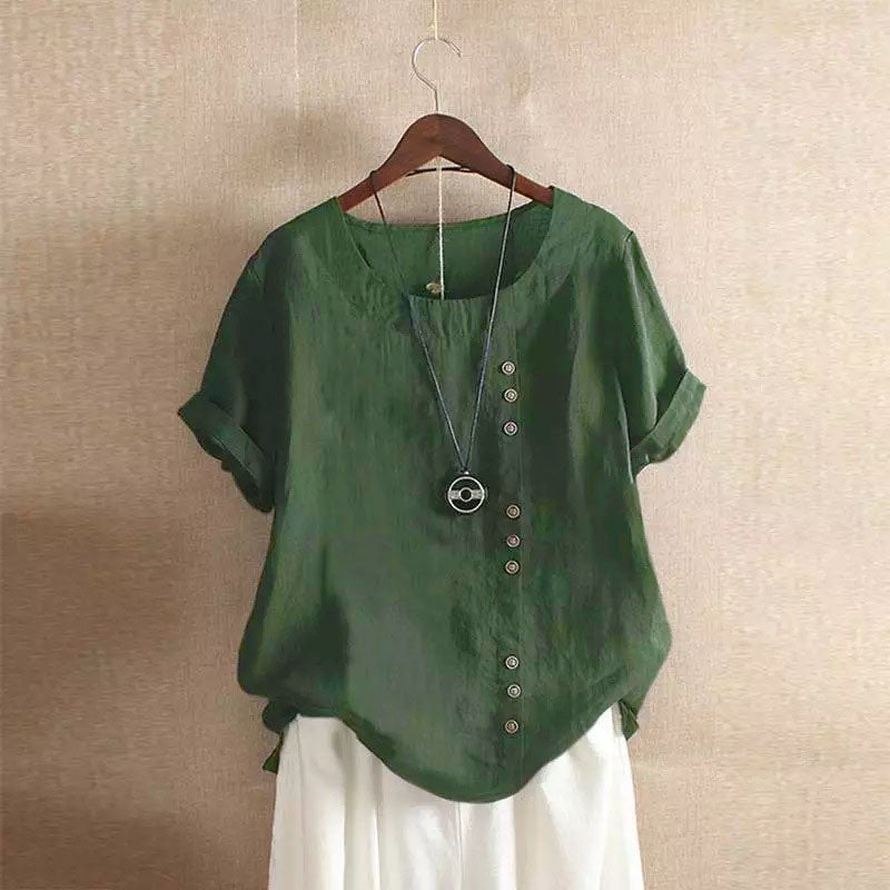 New Summer Women's Plus Size Shirt O-neck Cotton and Linen Loose Casual Ethnic Style Elegant Casual White Pink Top for Women