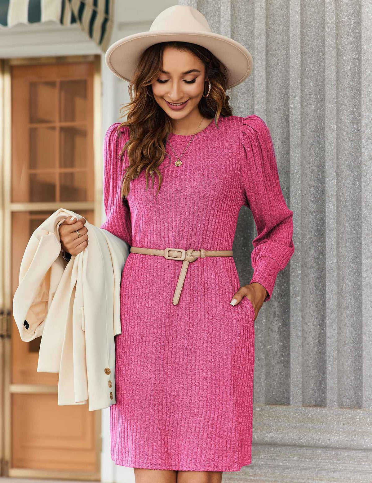 Y2K autumn and winter women's crew neck solid color sweater bubble sleeve fashion commuter dress comfortable casual loose dress