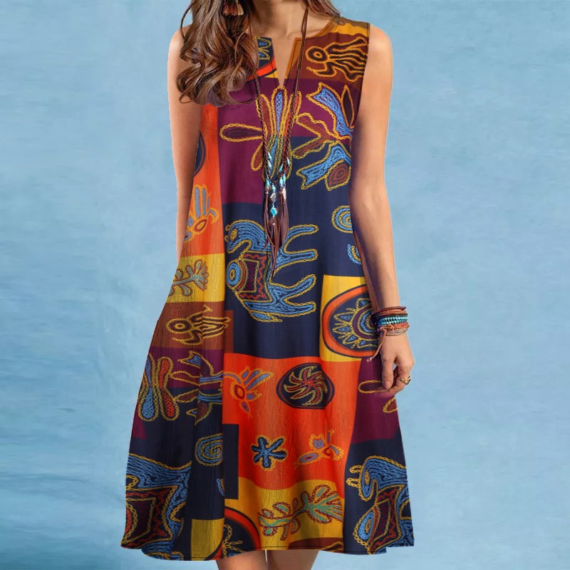 2024 European and American Cross Border Women's New Dress V-neck Sleeveless Sexy Printed Large Hem Foreign Trade Dress