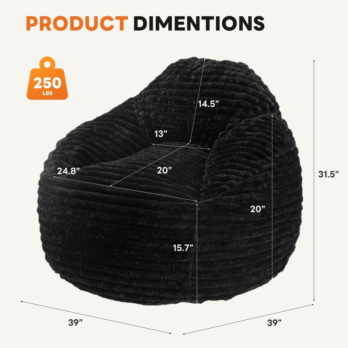 JHK Plush 39 InchBean Bag Chair for Gaming Reading Lazy Sofa Ergonomic Memory Foam Filled Couch For Living Room Furniture