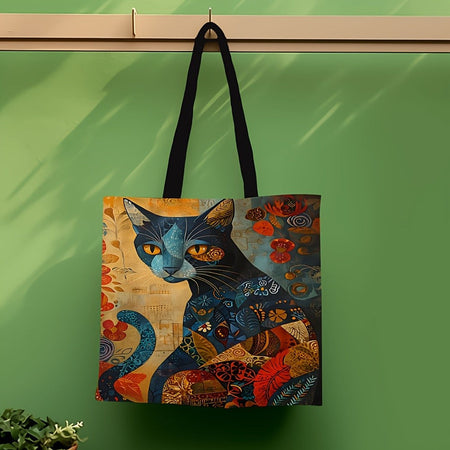 1pc Abstract Cat Tote Bag Cute Quirky Small Animal Shoulder Bag Printed Linen Eco Handbag Shopping Office Reusable Casual Bags