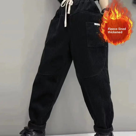 Thickened Fleece Lined Corduroy Harlan Pants Winter New Fashion Long Trousers Elastic Waist Loose Versatile Trendy Women's Cloth