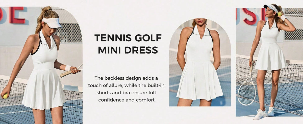 Fisoow Women's Tennis Skirt with Built in Shorts and Bra, Summer Backless Hanging Neck V-neck Yoga Golf Exercise Mini Dress