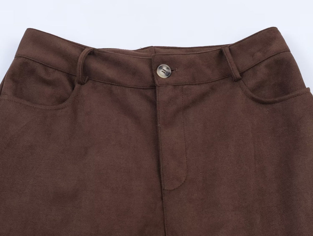 Die-Cut Hem Faux Suede Wide Leg Pants For Women Vintage Brown High Waist With Pockets Casual Loose Trousers