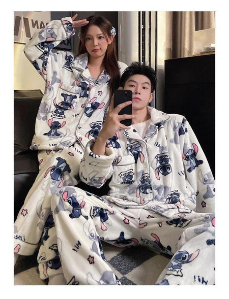 2Pcs Couple Plush Pajamas Suit Cute Disney Stitch Anime Man Woman Homewar Long Sleeve Pants Winter Cartoon Thicken Sleepwear