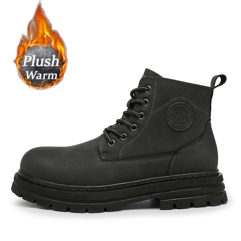 New winter men's shoes rain boots motorcycle leather shoes plush warm outdoor leisure high-top lace-up women's boots