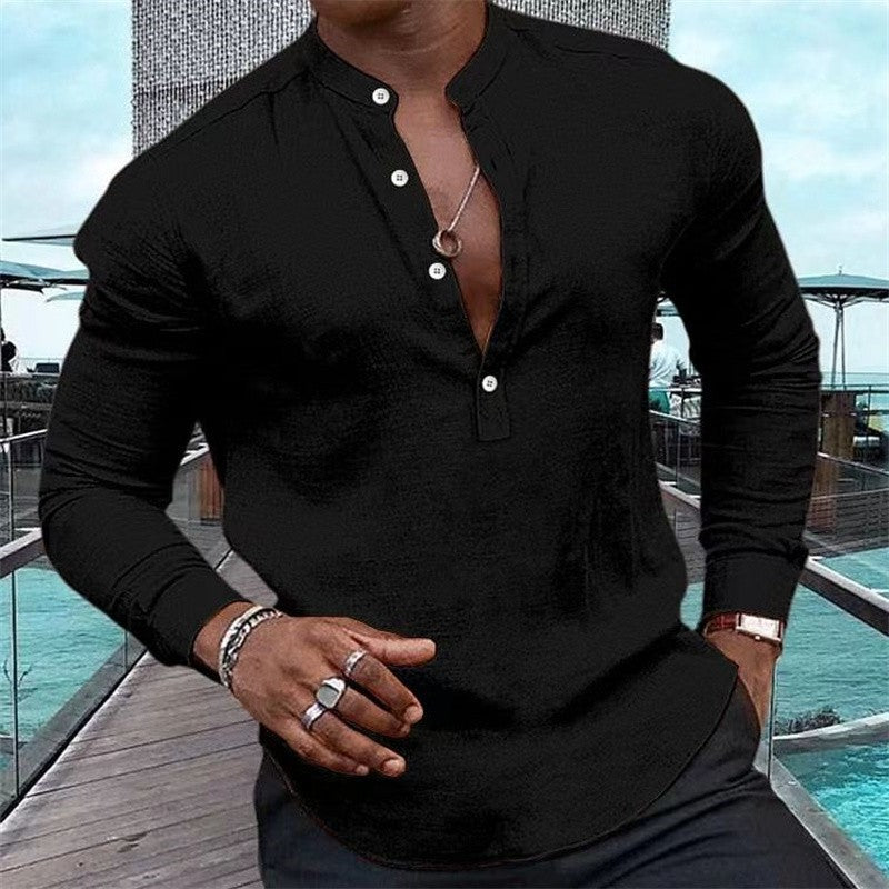 Fashion Men's Long Sleeve Solid Color Half Cardigan Henley Collar Shirt Pink Long Sleeve Hawaiian Vacation Shirt Summer Casual