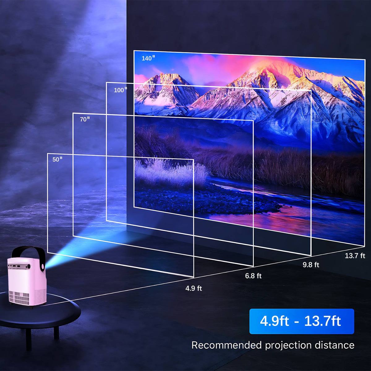 Projector with WiFi and Bluetooth Native 1080p Support 4K 12000 Lumens Portable Integrated Folding Handheld bracket, Model:T2