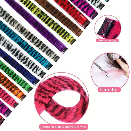 Colorful Feather Hair Extensions 8Pcs 18" Animal Stripe Print Hair Clip-on Rainbow Synthetic Hair for Cosplay, Party, Festivals