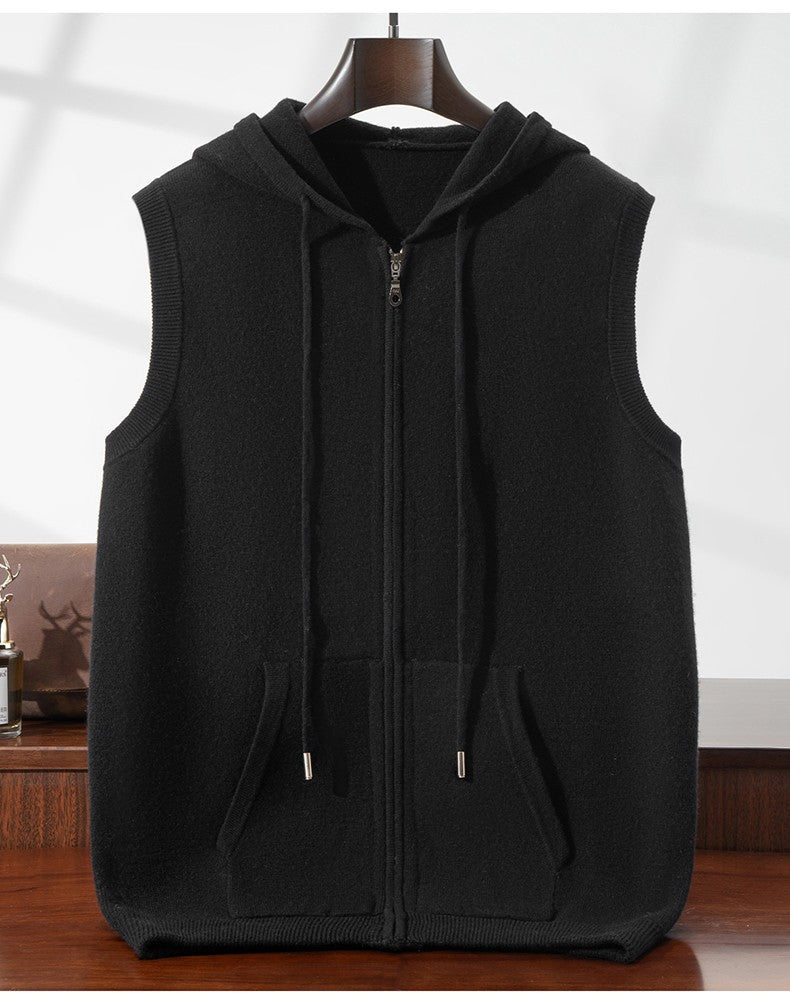 Autumn Winter Thickened Warm 100% Pure Wool Vest Men's Vest with Hood Zipper Cardigan Casual Pocket Sweater Jacket