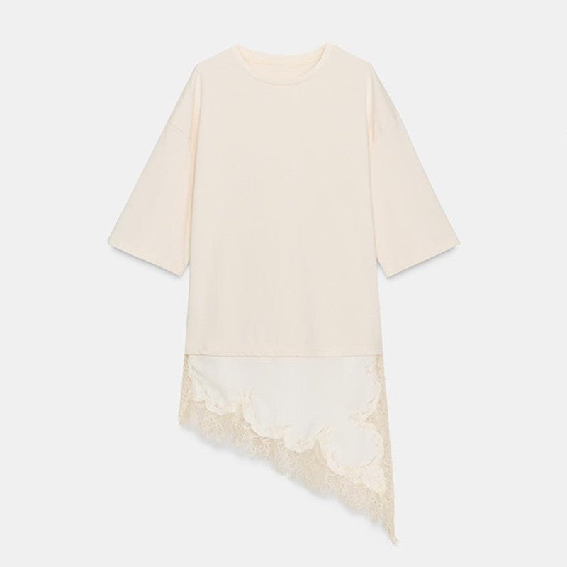Fashion Lace Patchwork Mid Sleeve Tops for Women Elegant O Neck Loose Female T-shirt Spring New Lady Solid Shirts High Street
