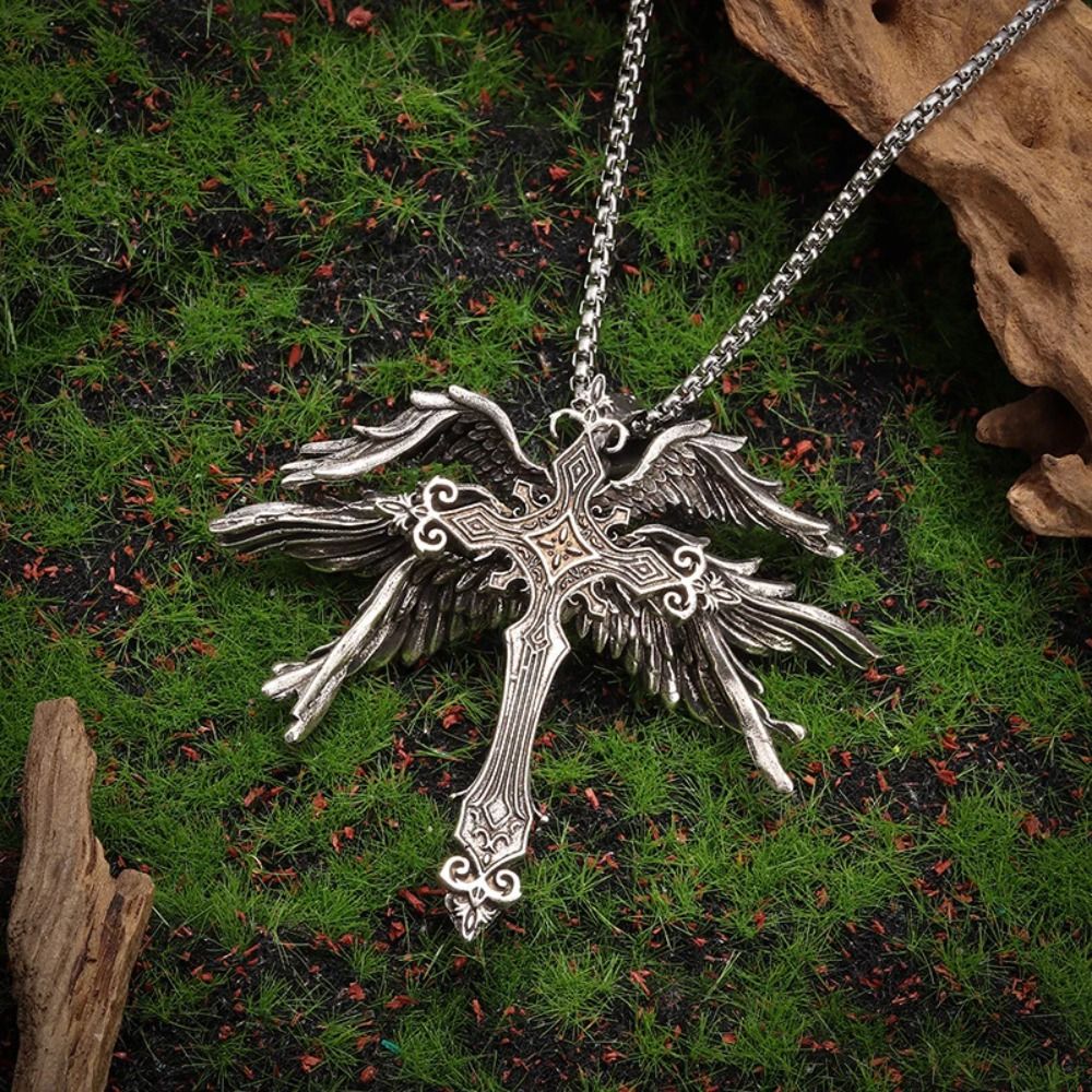 Retro Gothic Jesus Wings Cross Pendant Necklace Jewelry for Men Women Large Vintage Dark Punk Religious Amulet Necklaces Gifts