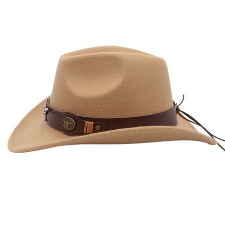 New Felt Western Cowboy Hat Ox Head Accessories Ethnic Style Roll Brim Cowgirl Cap with Cow Band Soft Jazz Fedora Hats Men