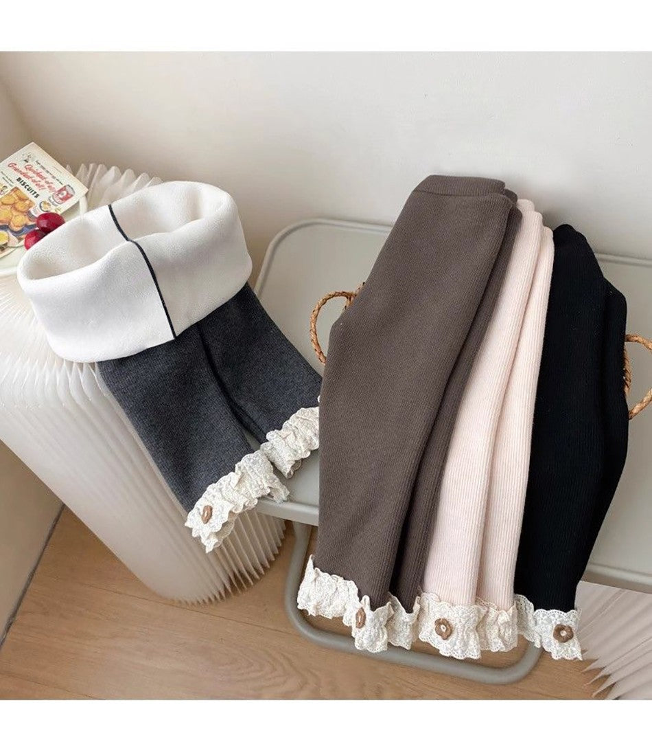 Girls Fleece Lined Leggings Children Fashion Lace Trim Slim Fit Thermal Pants Kids Winter Warm Outwear Casual Clothes