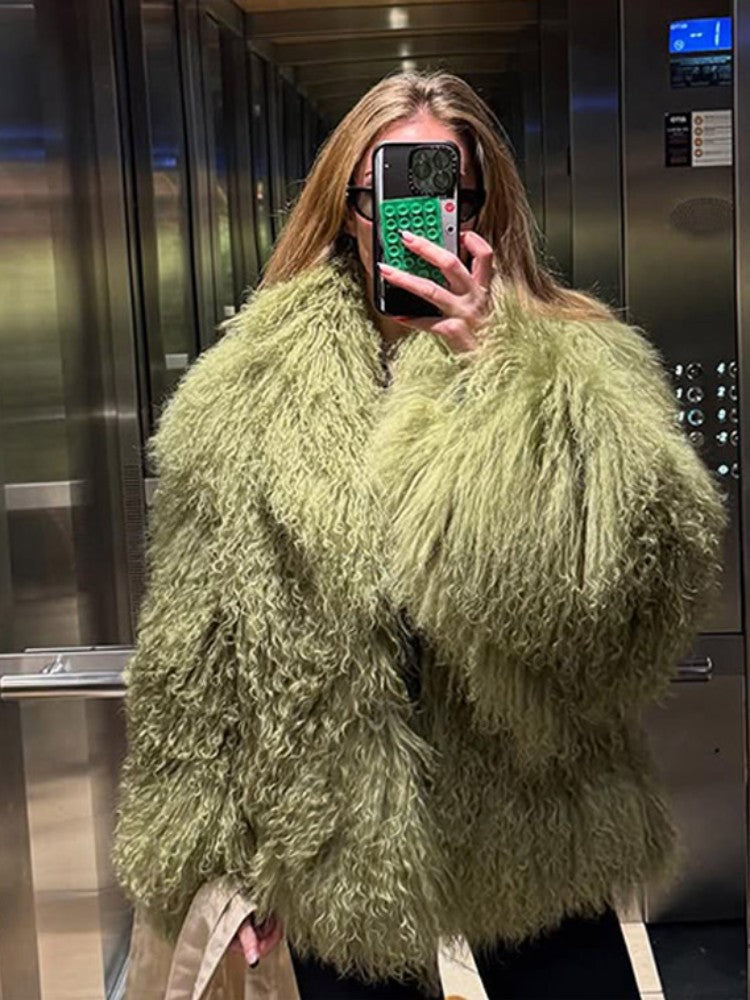 Fashion Solid Plush Faux Fur Coat Women Elegant Warm Long Sleeves Loose Jacket 2025 Lady Winter Chic High Street Outerwear ?
