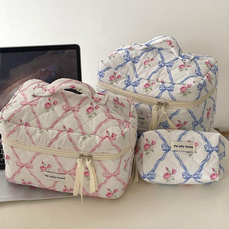 Cute Bow Flower Cloth Handbag Quilting Cotton Makeup Bag Women Zipper Cosmetic Organizer Portable Toiletry Case for Girls