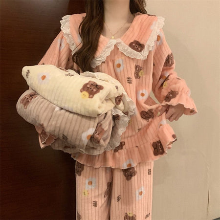 Warm Sleepwear Small Bear Peach Coral Velvet Two-Piece Set Women Pajamas Autumn and Winter Thickening Home Wear School Sleepwear