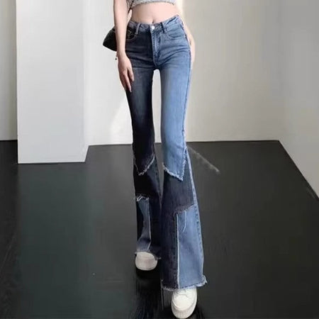 Women Contrast Patchwork Flared Jeans Ladies Stretch High Waist Skinny Boot-Cut Trousers Mujer Fashion Denim Pants Size S-2XL