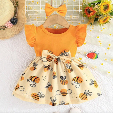 (0-3 Year Old Baby Girl Dress) Summer New Yellow Little Fly Sleeves Cute Bee Children'S Sleeveless Clothes+Bow Headband