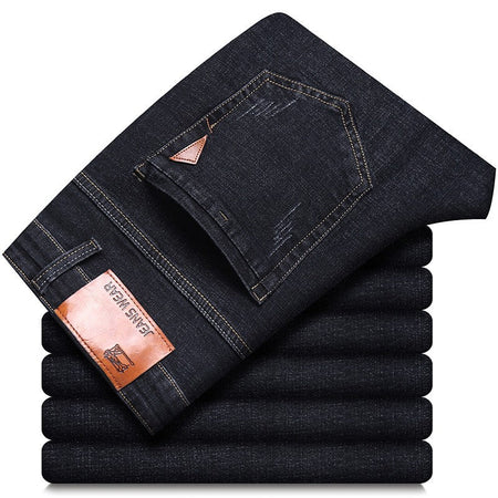 2025 Autumn Classic Men's Fitted Stretch Jeans Business Casual Cotton Denim Straight Leg Pants Male Black Blue Trousers