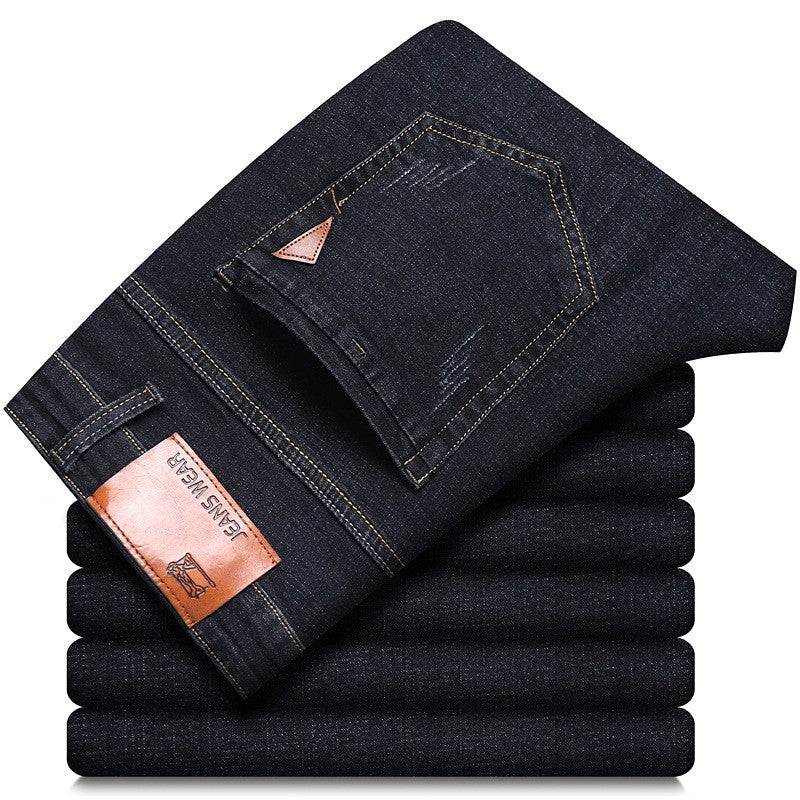 2025 Autumn Classic Men's Fitted Stretch Jeans Business Casual Cotton Denim Straight Leg Pants Male Black Blue Trousers