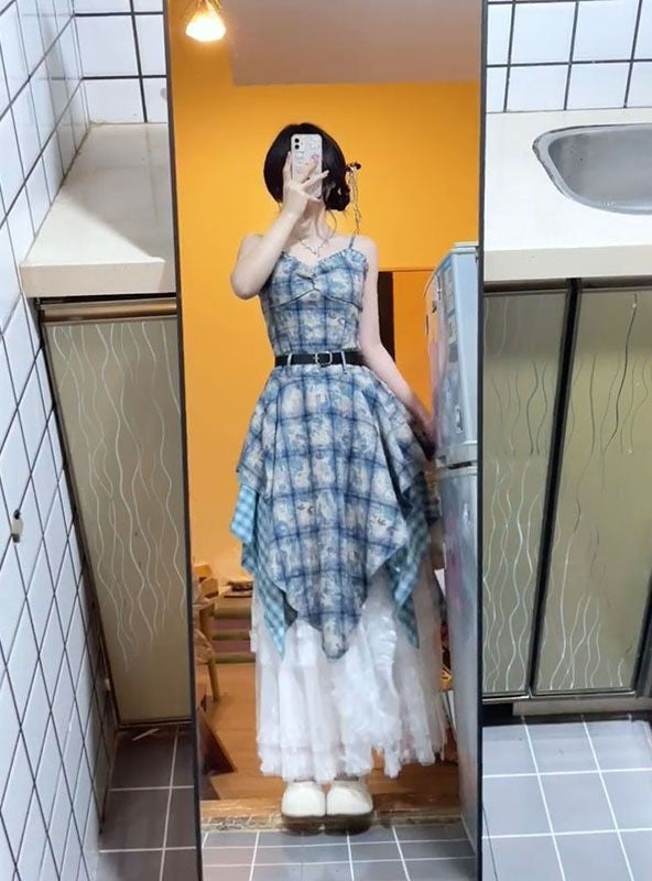 Watercolor Gingham Slip Dress Women 2025 Summer Sweetheart Aesthetic Asymmetric Tie Waist A Line Dreamcore Romance