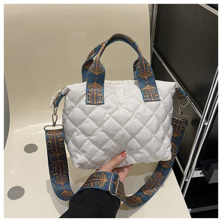 Women Wide Shoulder Belt Handbag Fall/Winter Rhombus Space Cotton Shoulder Bag Large Capacity All-Match Shopping Tote Bag