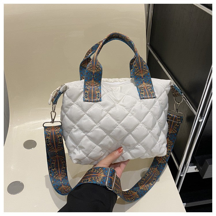 Women Wide Shoulder Belt Handbag Fall/Winter Rhombus Space Cotton Shoulder Bag Large Capacity All-Match Shopping Tote Bag