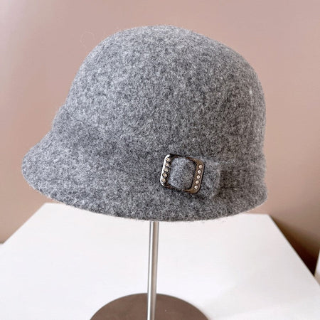 Japanese Wool Hat Women's Autumn and Winter Warm Knitted Hat Diamond Buckle Ribbon Fisherman Hat Front and Back Small Basin Hat