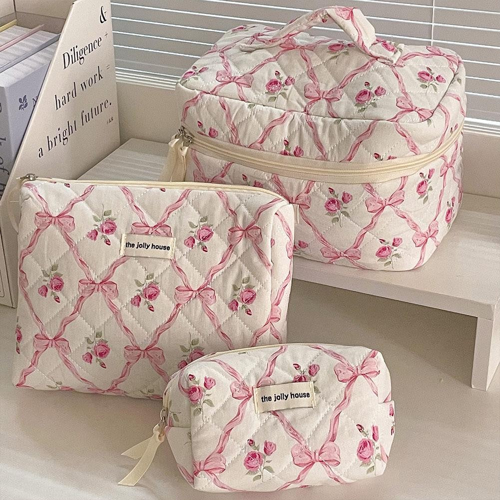 Cute Bow Flower Cloth Handbag Quilting Cotton Makeup Bag Women Zipper Cosmetic Organizer Portable Toiletry Case for Girls