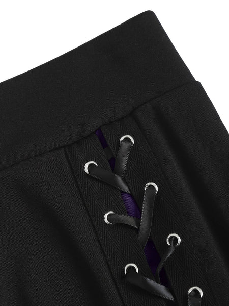 European and American fashion women's plus-size skirt color matching buttonhole lace-up high waist A-line skirt
