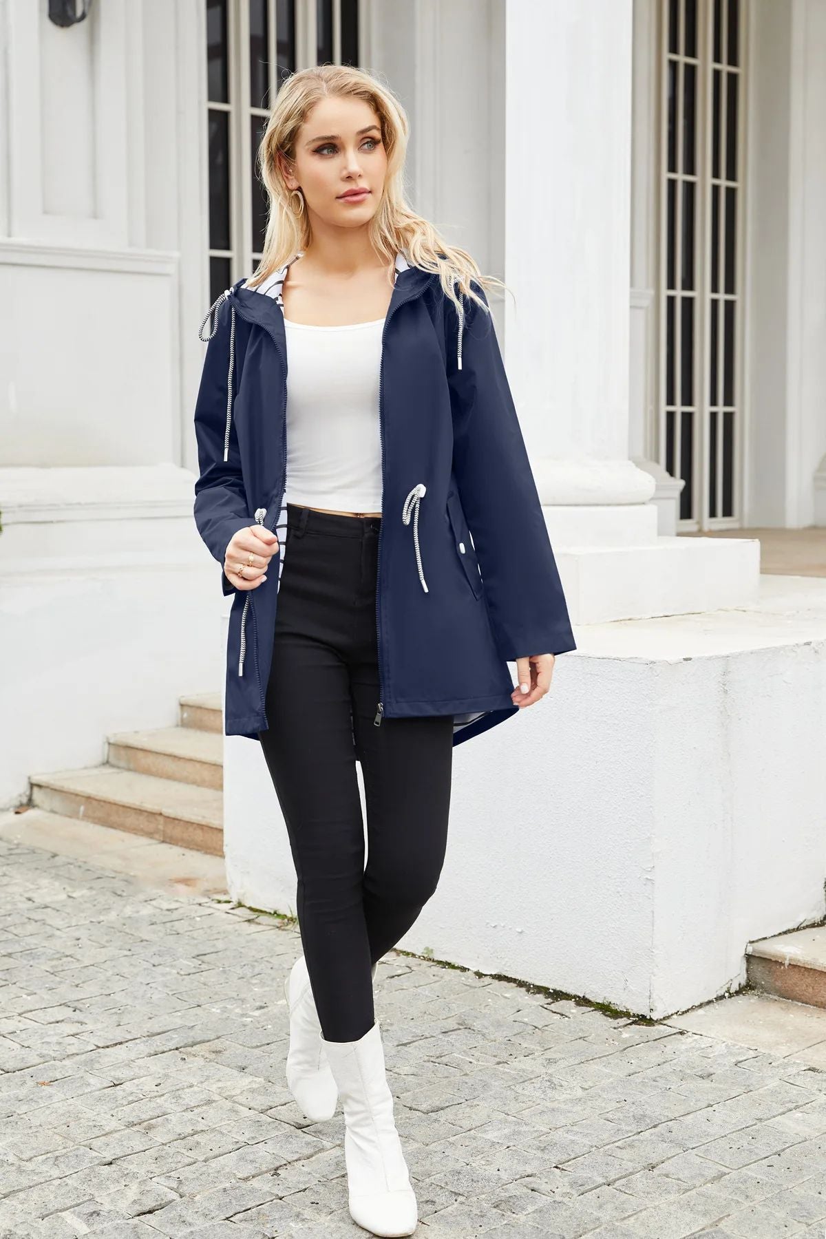 Blue Waterproof Hooded Jacket Women Fashion Casual Coat Waist Drawstring Tie Zipper Switch Red Green Yellow Black Windbreaker