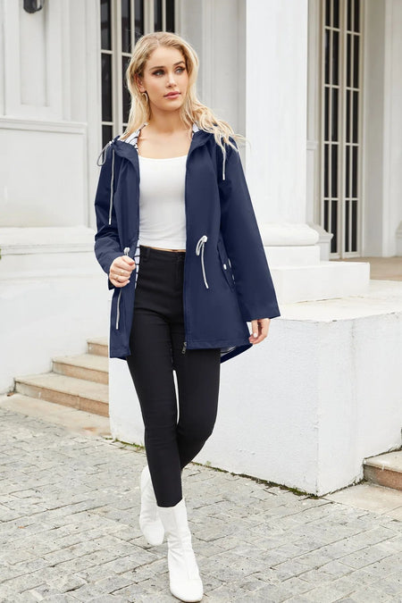 Blue Waterproof Hooded Jacket Women Fashion Casual Coat Waist Drawstring Tie Zipper Switch Red Green Yellow Black Windbreaker