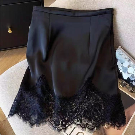 Ladies Fashion Lace Spliced A-line Mini Skirt Summer Thin High Waist Solid Color Skirt Women Clothes Simple Black Short Skirts