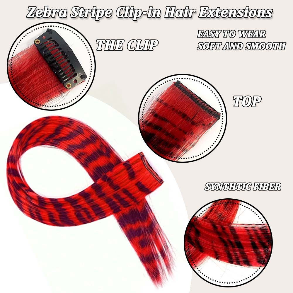 Colorful Feather Hair Extensions 8Pcs 18" Animal Stripe Print Hair Clip-on Rainbow Synthetic Hair for Cosplay, Party, Festivals