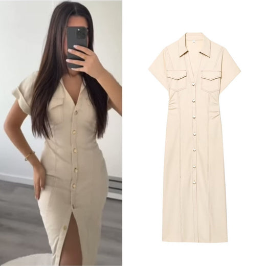 ETJ 2025 summer new  women's elegant fashion waist pleated V-neck short-sleeved temperament denim MIDI dress