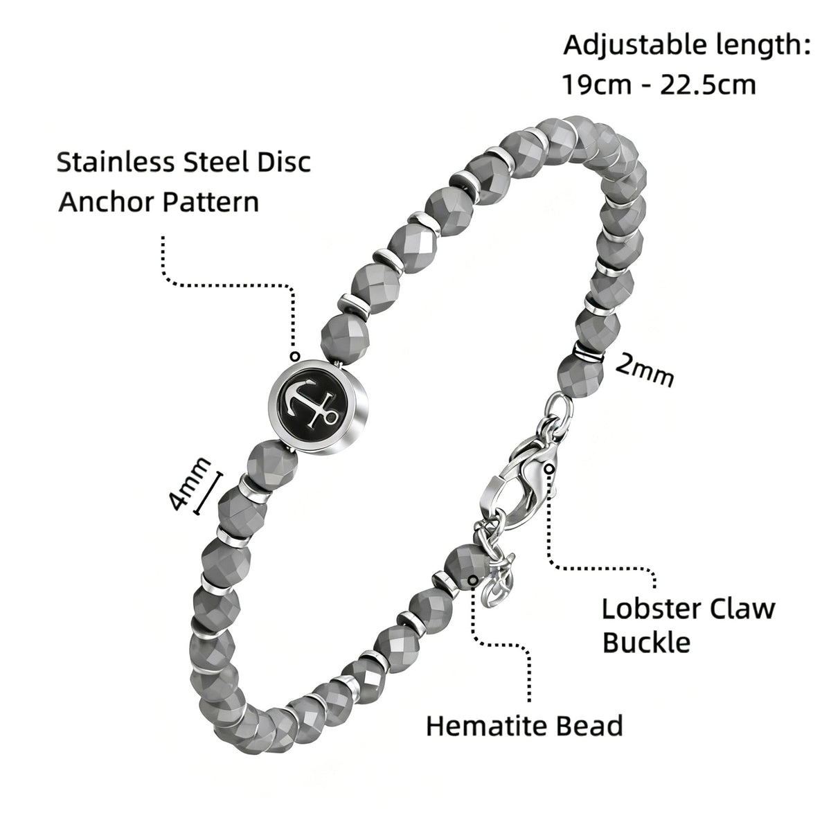 Runda Men's Bracelet with Black Iron Ore Anchor Pendant Stainless Steel Adjustable 22cm Fashion Charm Bead Jewelry