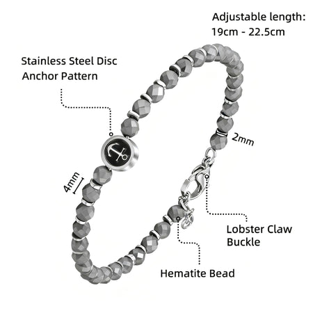 Runda Men's Bracelet with Black Iron Ore Anchor Pendant Stainless Steel Adjustable 22cm Fashion Charm Bead Jewelry