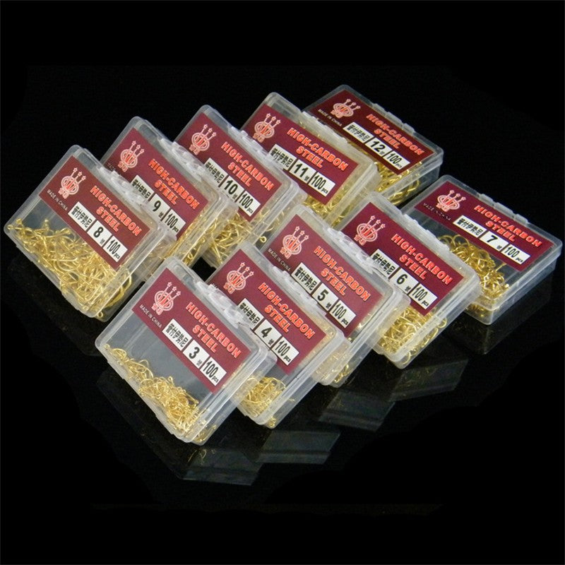 100pcs/lot High Carbon Steel 3#-12# golden Fly Fishhooks Fishing Hooks Jig Barbed Hook With Hole Pesca Fishing accessory Tackle