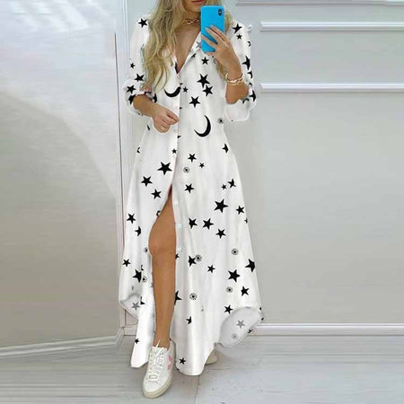 Autumn Women's New Long Shirt Skirt Long Skirt Single Breasted Printed Shirt Sleeve A-line Lapel Slit Long Sleeved Elegant Dress