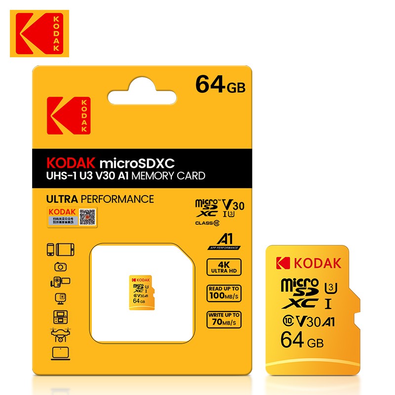 KODAK 64G Ultra Memory Card 64GB A1 U3 4K Micro SD SDHC Microsd UHS-I C10 TF Performance Flash Original Minisd with Adapter